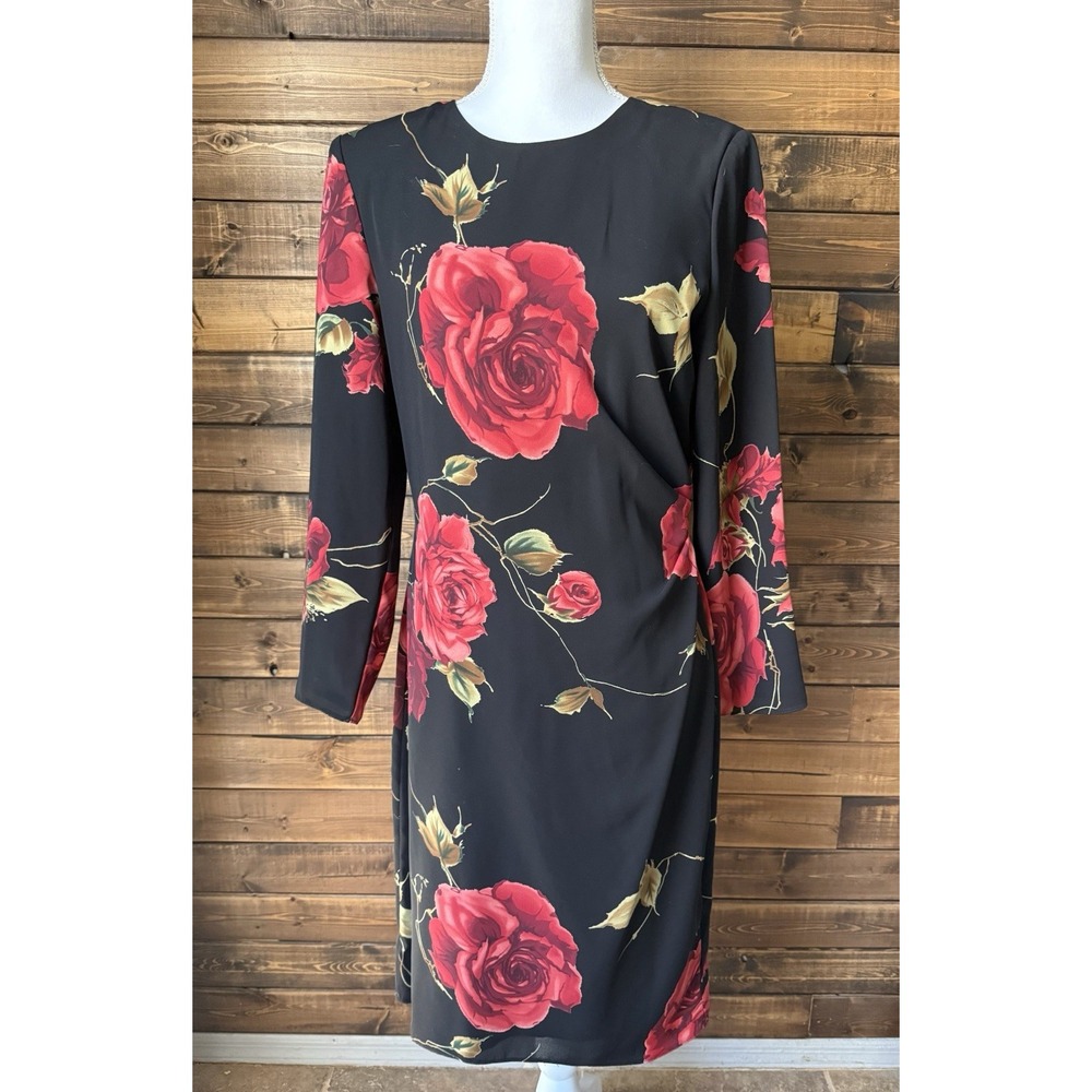 Vintage 90s David Warren NY Rose Floral Dress Shoulder Pads Black Midi